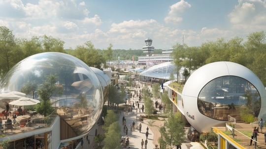 Moderne Architektur mit transparenten Kuppeln und futuristischen Gebäuden auf einem Messegelände.