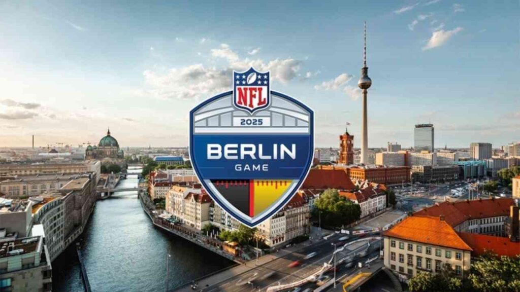 Logo des NFL Berlin Games 2025 mit Blick auf die Stadt Berlin und den Fernsehturm im Hintergrund.