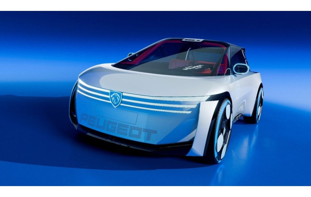 Konzeptfahrzeug von Peugeot mit futuristischem Design und klaren Linien in blauer Umgebung.