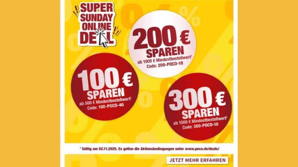 Werbung für Online-Deals von Poco mit verschiedenen Rabattangeboten und Aktionscodes.