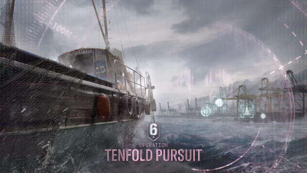 Logo von Operation Tenfold Pursuit aus dem Spiel Rainbow Six Siege mit einem Schiffsdesign im Hintergrund.