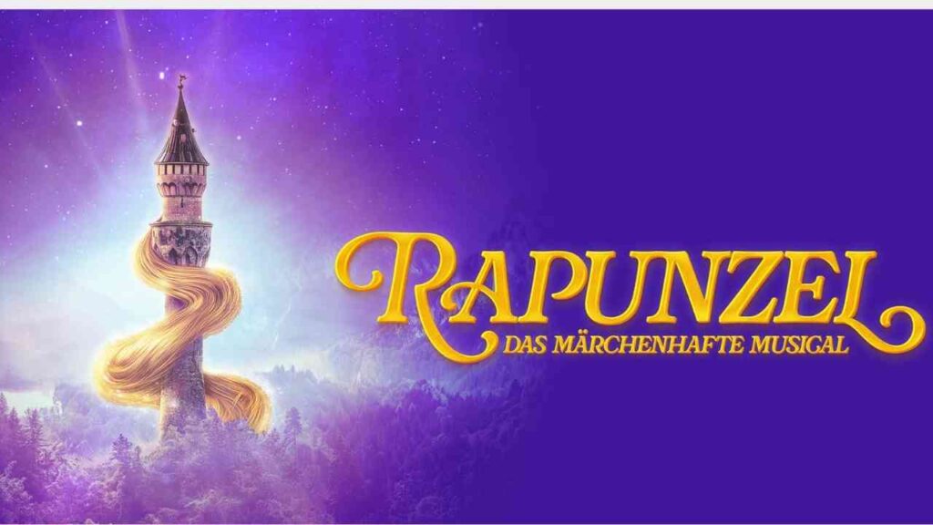 Grafik von Rapunzel mit einem Turm und dem Titel 'Rapunzel: Das märchenhafte Musical'.