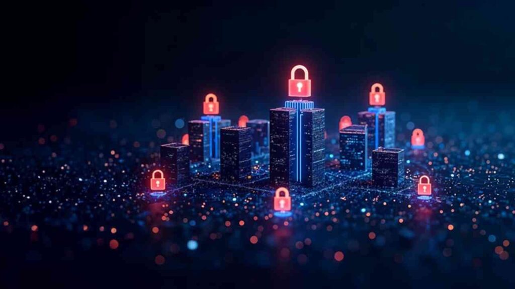 Digitale Darstellung von Gebäuden mit Sicherheitsschlössern, die eine moderne Stadtlandschaft symbolisieren.