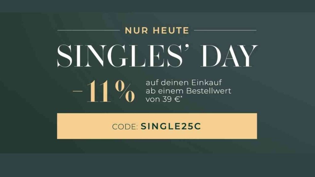 Grafik für Singles' Day mit Rabattangebot von 11% auf Bestellungen ab 39 € und dem Code SINGLE25C.