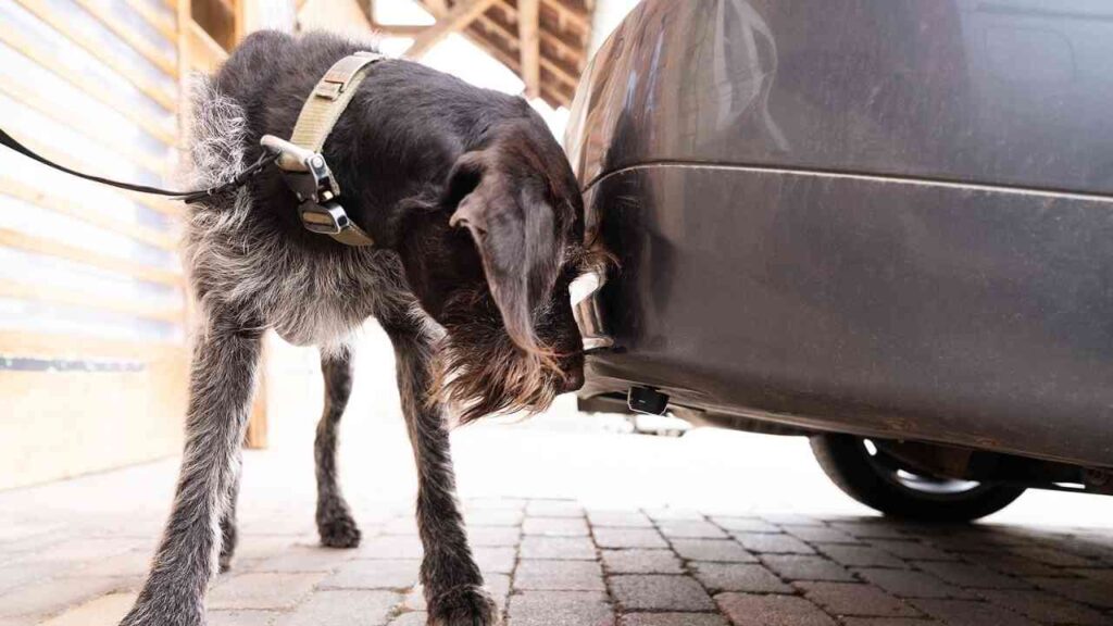 Ein Spürhund untersucht den Anhänger eines Fahrzeugs auf mögliche Hinweise oder Substanzen.