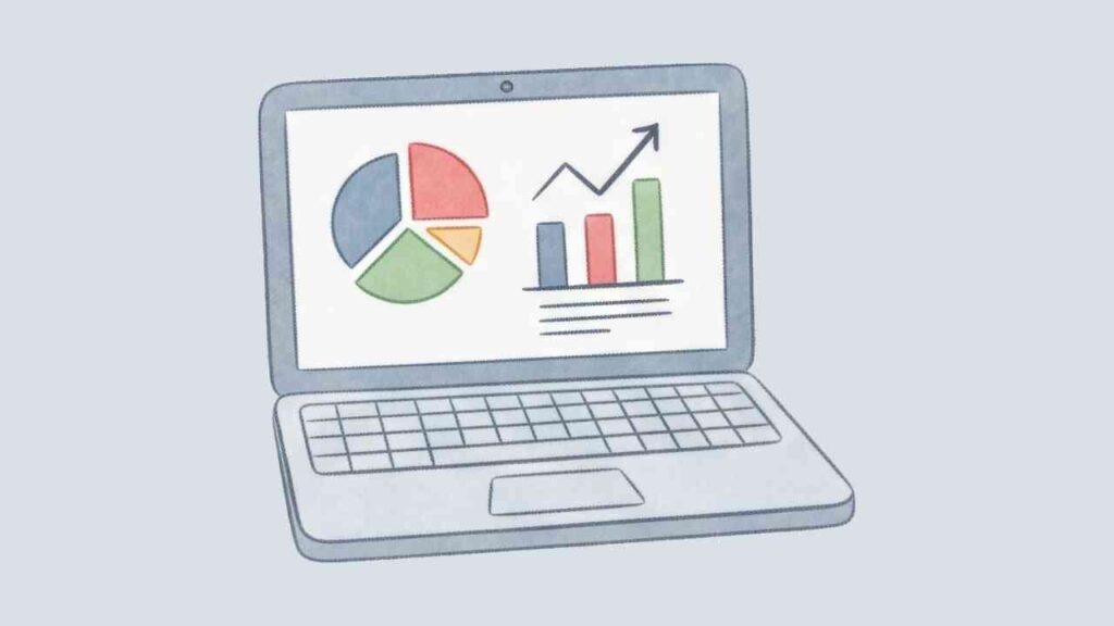 Laptop mit Diagrammen und Grafiken zur Darstellung von Datenanalysen und Statistiken.