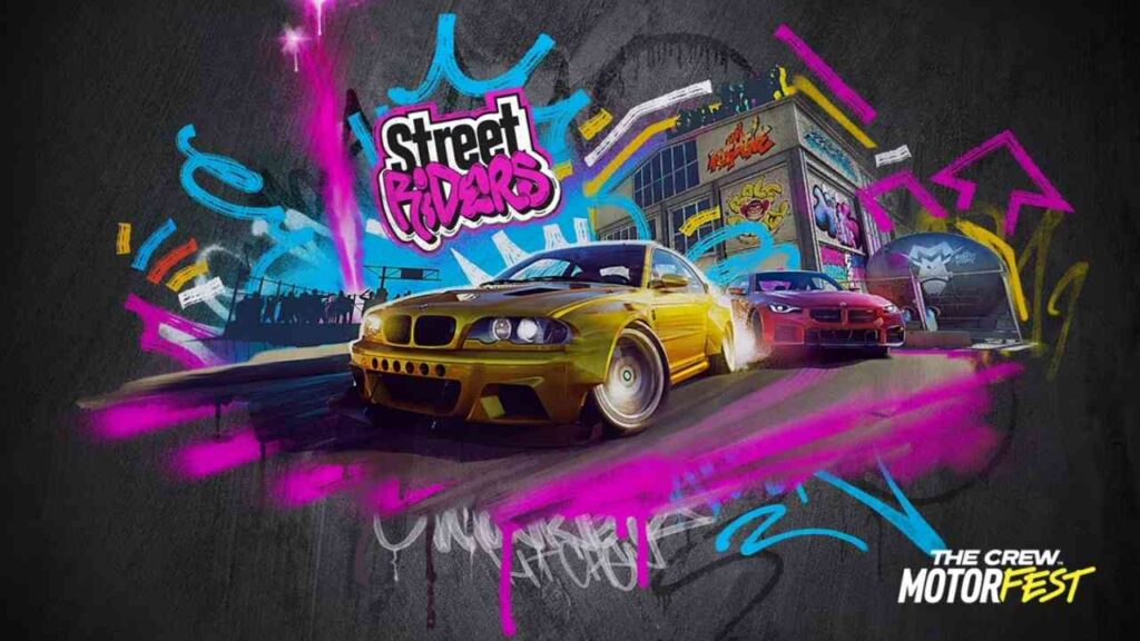 Grafik mit zwei sportlichen Autos, die auf einer urbanen Straße mit bunten Graffiti und dem Text 'Street Racers' dargestellt sind.