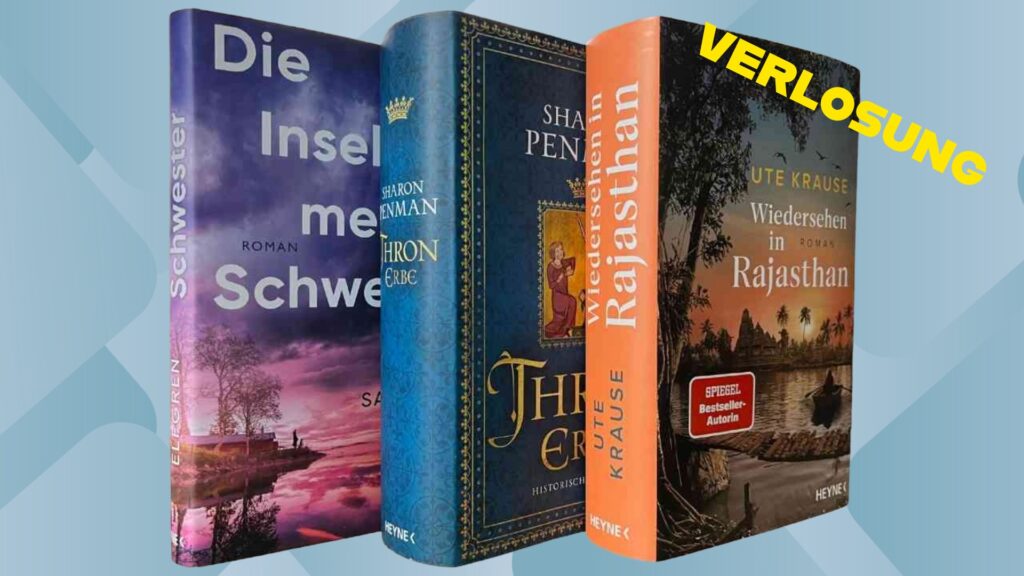 Drei Bücher mit unterschiedlichen Titeln und Cover-Designs, darunter 'Die Insel meiner Schwester' und 'Wiedersehen in Rajasthan'.