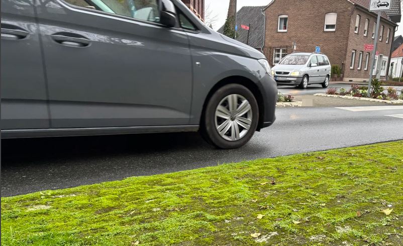 Grauer PKW, der auf einer Straße fährt, mit grünem Moos im Vordergrund.