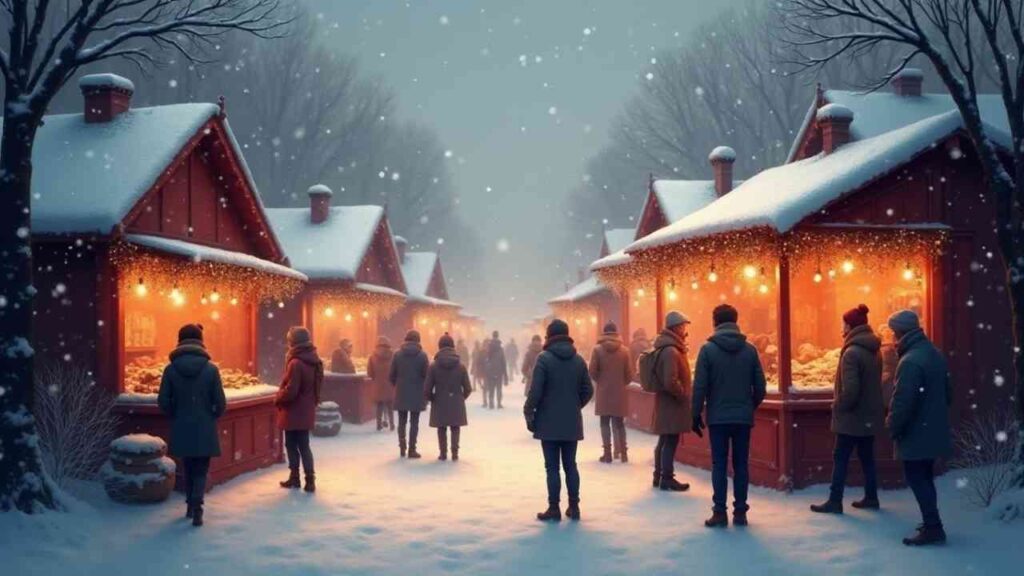 Weihnachtsmarkt mit roten Ständen, die festlich beleuchtet sind, während Schnee fällt und Menschen sich um die Stände versammeln.