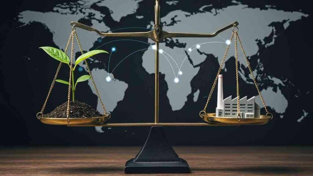 Waage mit einer Pflanze auf der linken Seite und einem Fabrikmodell auf der rechten Seite vor einer Weltkarte.