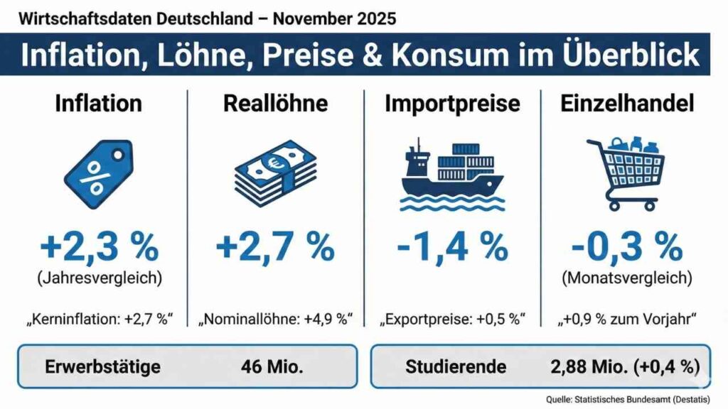 Grafik mit Wirtschaftsdaten für Deutschland im November 2025, einschließlich Inflation, Reallöhnen und Preisen.