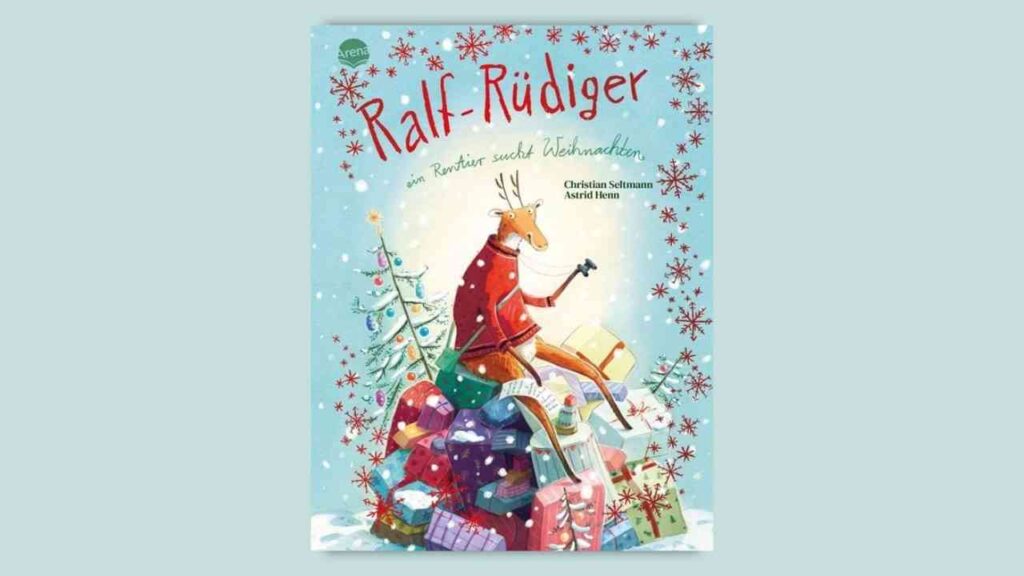 Buchcover von 'Ralf-Rüdiger: Ein Rentier sucht Weihnachtsmann' mit einem Rentier und Geschenken.