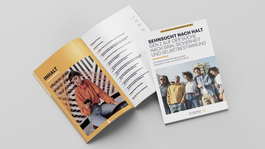 Zwei offene Broschüren mit einem Inhaltsverzeichnis und einem Bild von mehreren Personen in modischer Kleidung.