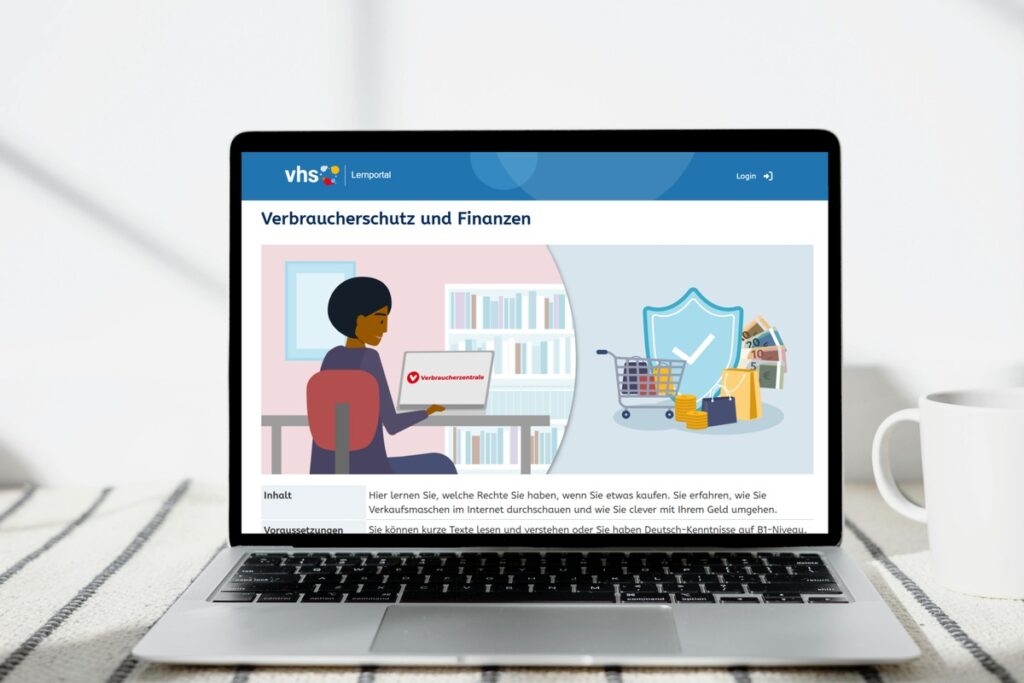 Laptop mit einer Webseite über Verbraucherschutz und Finanzen, die eine Person und Symbole für Datenschutz zeigt.