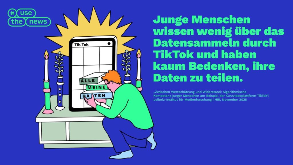 Illustration eines jungen Menschen, der auf einem Smartphone TikTok nutzt und Informationen über Datensammlung teilt.