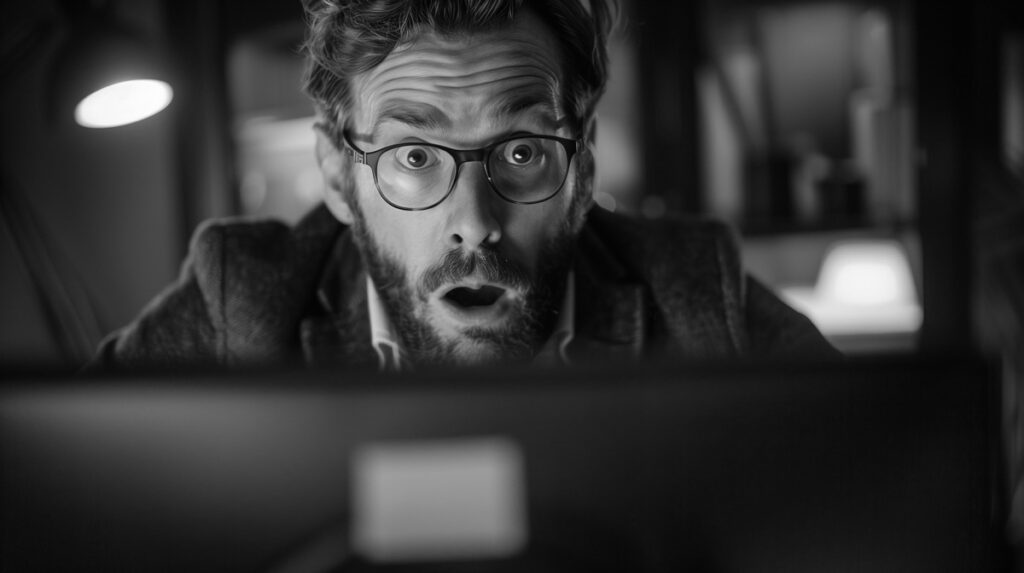 Mann mit Brille und Bart, der überrascht auf einen Computerbildschirm schaut, in einem dunklen Raum.