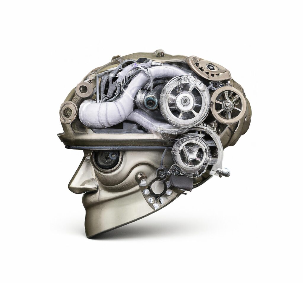 Kunstvolle Darstellung eines menschlichen Kopfes mit mechanischen Zahnrädern und Komponenten im Inneren.