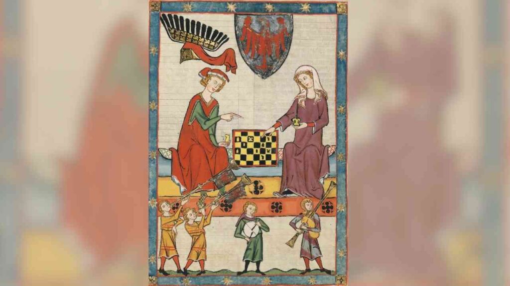 Historische Darstellung von zwei Frauen, die Schach spielen, umgeben von vier musizierenden Männern.