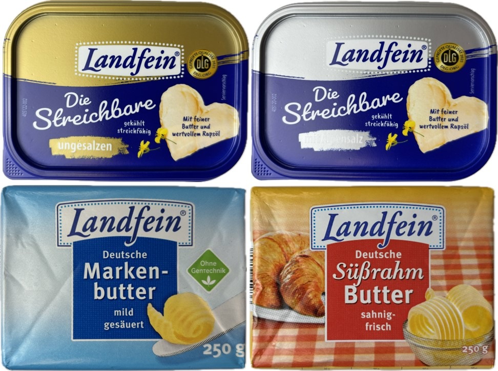 Verschiedene Butterprodukte der Marke Landfein in Verpackungen, darunter ungesalzene Streichbutter und Süßrahmbutter.