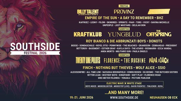 Plakat des Southside Festivals 2026 mit Künstlern wie Billy Talent, Kraftklub und Yungblud.