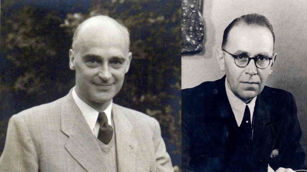 Zwei historische Porträts von Männern in Anzügen, eines mit Glatze und das andere mit Brille.