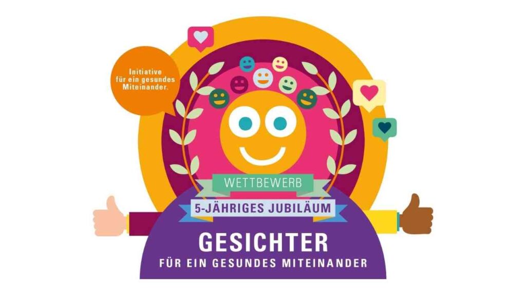 Buntes Logo für einen Wettbewerb zum 5-jährigen Jubiläum mit einem lächelnden Gesicht und Symbolen für Gemeinschaft.