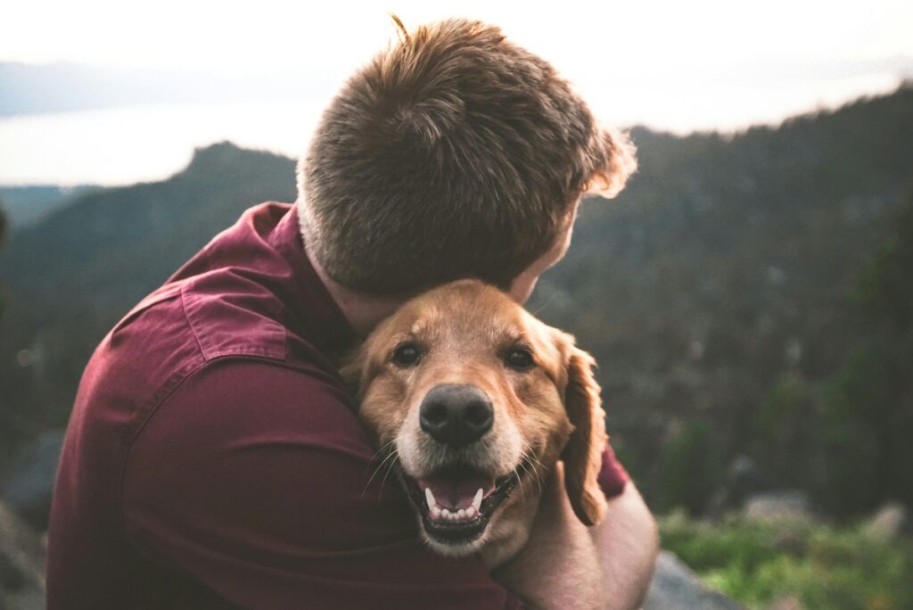 Mann umarmt einen lächelnden Golden Retriever auf einem Berg mit verschwommenem Hintergrund.