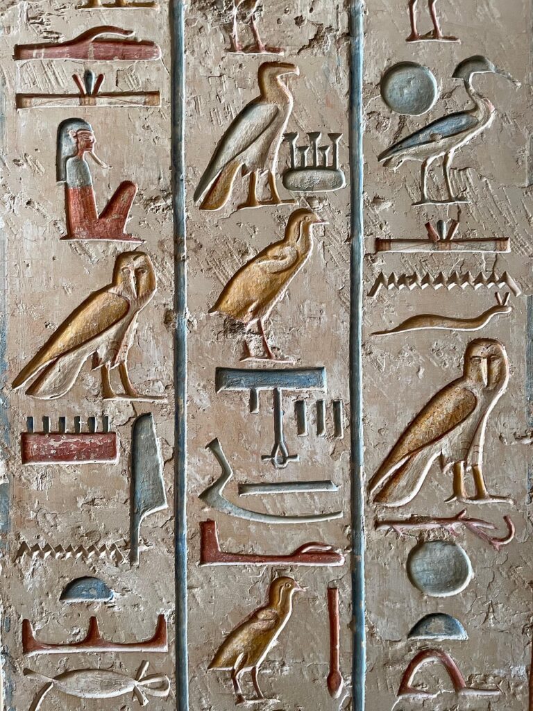 Hieroglyphen mit verschiedenen Symbolen und Tieren, die in Relief auf einer Wand dargestellt sind.