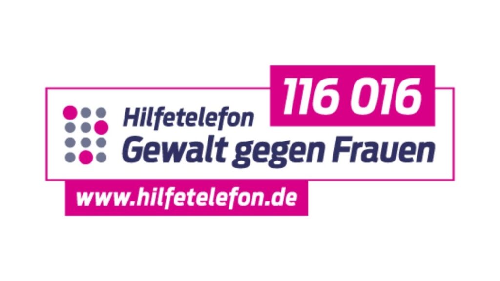 Logo des Hilfetelefons für Gewalt gegen Frauen mit der Nummer 116 016 und der Website hilfetelefon.de.