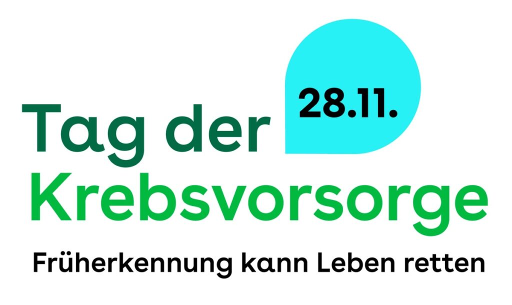 Logo für den Tag der Krebsvorsorge am 28.11. mit dem Slogan 'Früherkennung kann Leben retten'.