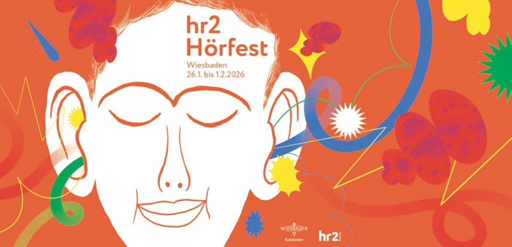 Grafik für das hr2 Hörfest in Wiesbaden mit einem stilisierten Gesicht und bunten, abstrakten Elementen.