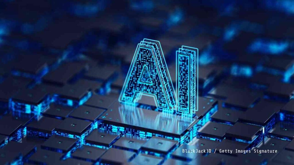 3D-Darstellung der Buchstaben 'AI' auf einem digitalen Hintergrund mit blauen und grauen Elementen.