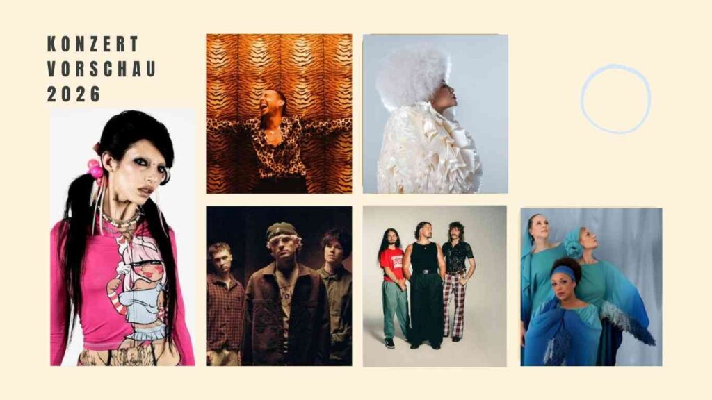 Collage von Künstlern und Bands, die für Konzerte in Deutschland im Jahr 2026 angekündigt sind.