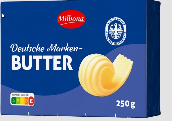 Milbona Deutsche Marken-Butter in einer 250g Verpackung mit einem Buttercurl auf der Vorderseite.