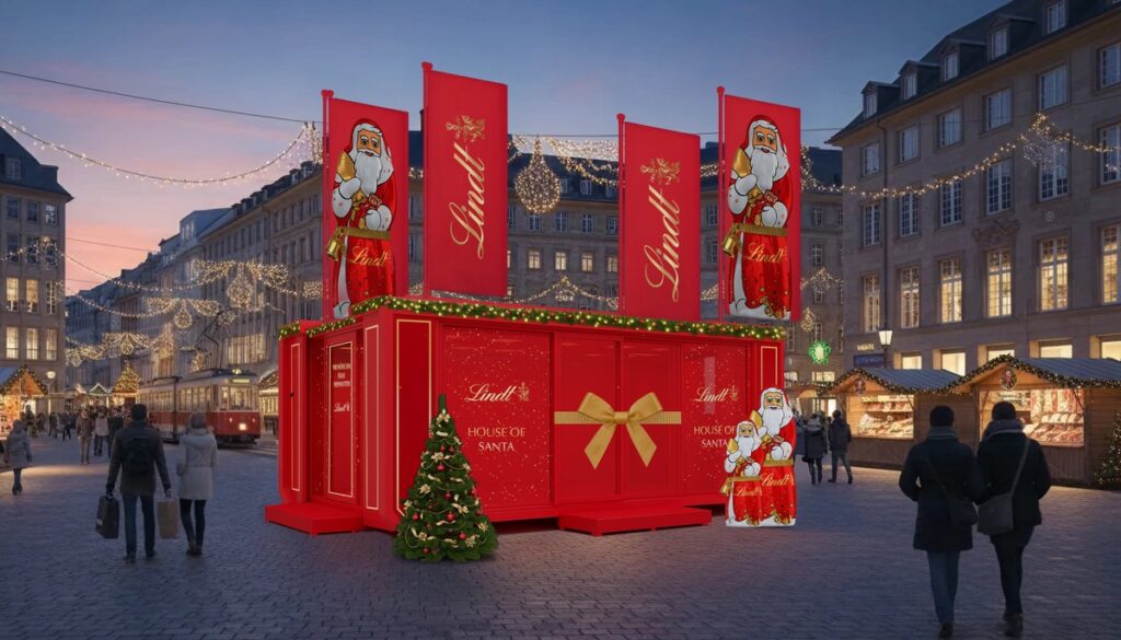 Rote Lindt-Hütte mit Weihnachtsdekoration und Santa Claus-Figur auf einem Weihnachtsmarkt.
