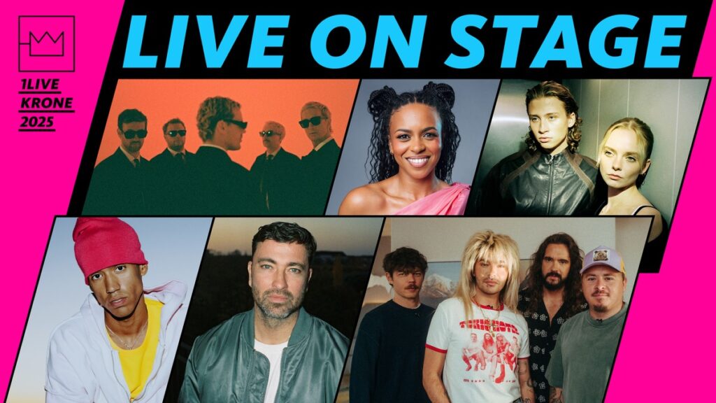 Collage von Künstlern, die auf der Bühne auftreten, mit verschiedenen Musikern und Sängerinnen in einem bunten Design.