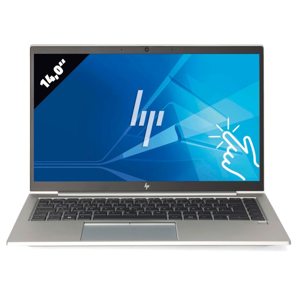 HP Laptop mit 14 Zoll Bildschirm und modernem Design, ausgestattet mit einem blauen Hintergrund und Touchscreen-Funktion.