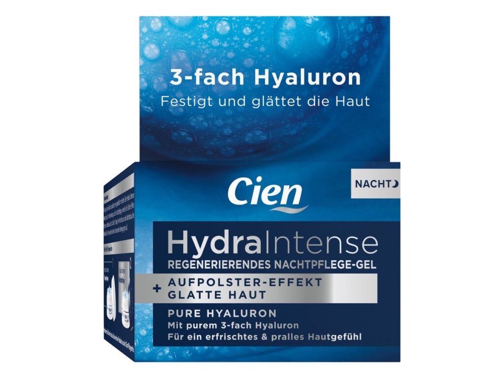 Cien HydraIntense regenerierendes Nachtpflege-Gel mit 3-fach Hyaluron für glatte und pralle Haut.