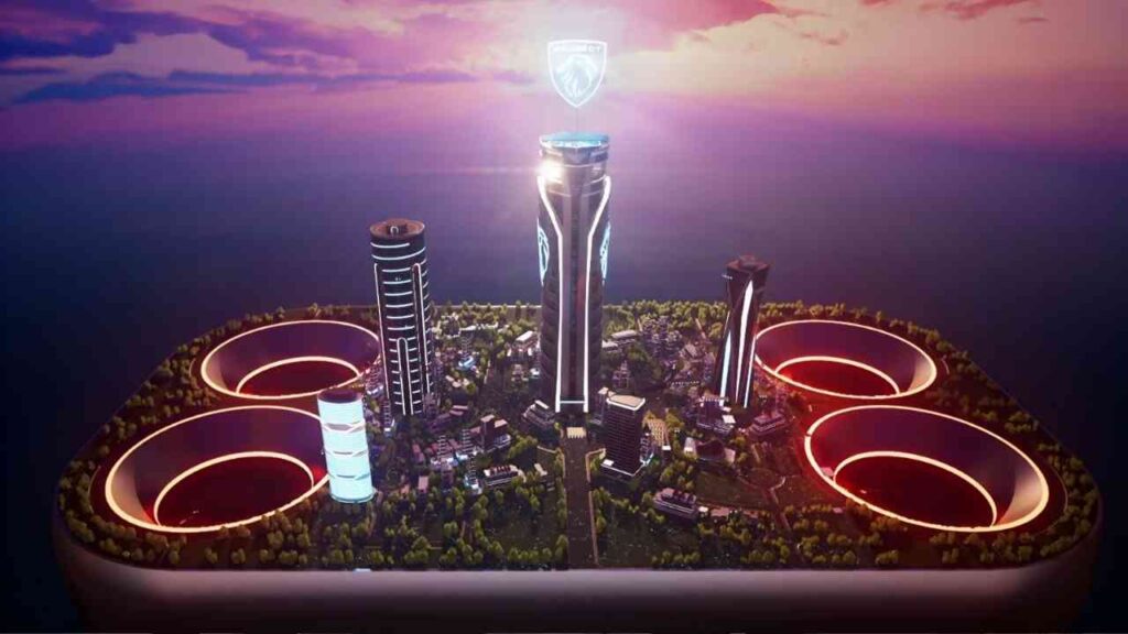 Konzeptdesign einer futuristischen Stadt mit Hochhäusern und kreisförmigen Strukturen in einer digitalen Umgebung.