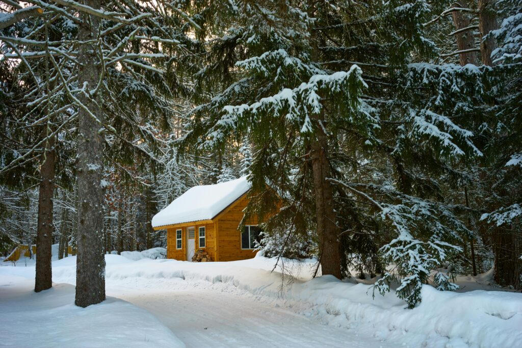 Holzhütte im Winter, umgeben von schneebedeckten Bäumen in einem Waldgebiet.