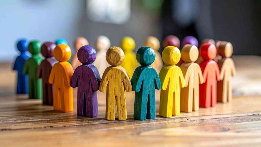 Bunte Holzfiguren in verschiedenen Farben, die in einem Kreis auf einem Tisch angeordnet sind.