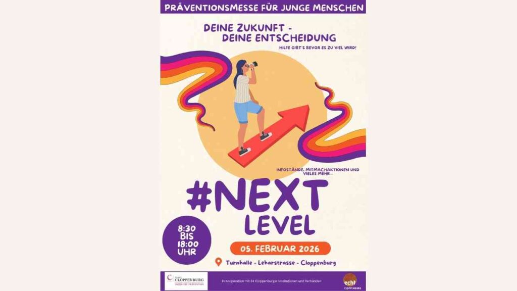 Plakat für die Präventionsmesse Cloppenburg mit dem Titel '#NEXT LEVEL' und Informationen zur Veranstaltung.