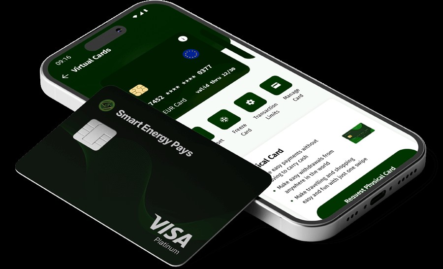 Virtuelle Kreditkarte von Smart Energy Pays auf einem Smartphone mit einer grünen Benutzeroberfläche.