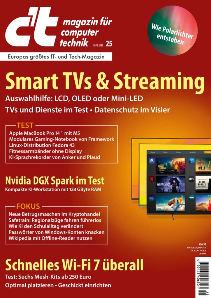 Cover des c't Magazins mit dem Titel 'Smart TVs & Streaming' und verschiedenen technischen Themen.
