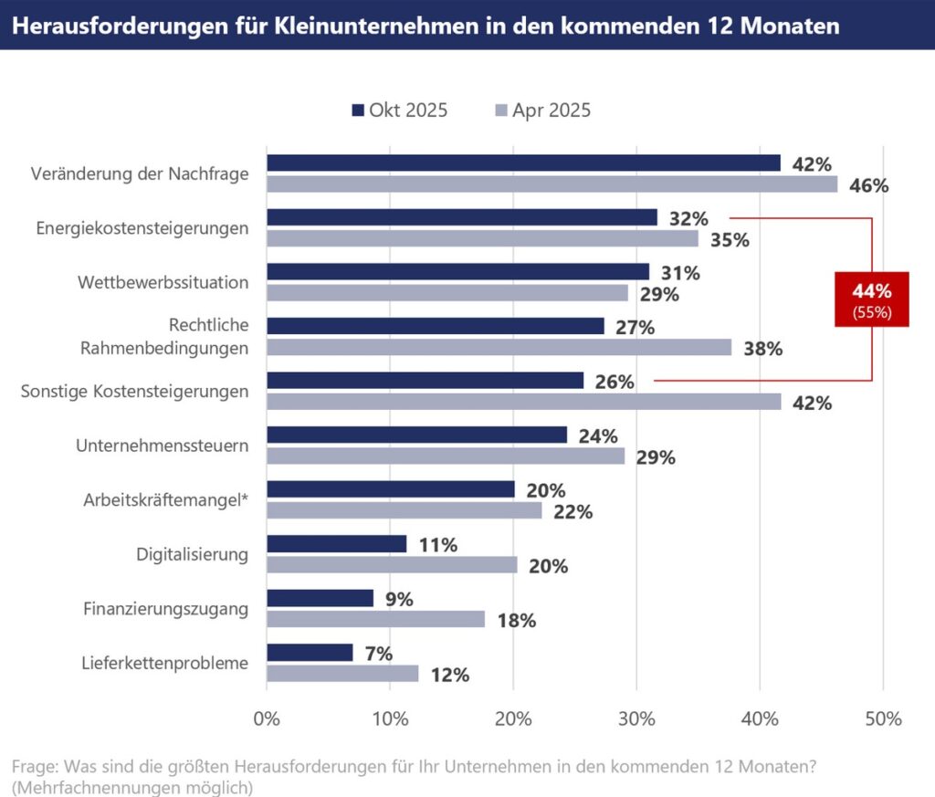 Balkendiagramm zeigt Herausforderungen für Kleinunternehmen in den kommenden 12 Monaten, einschließlich Nachfrageveränderung und Energiekostensteigerung.