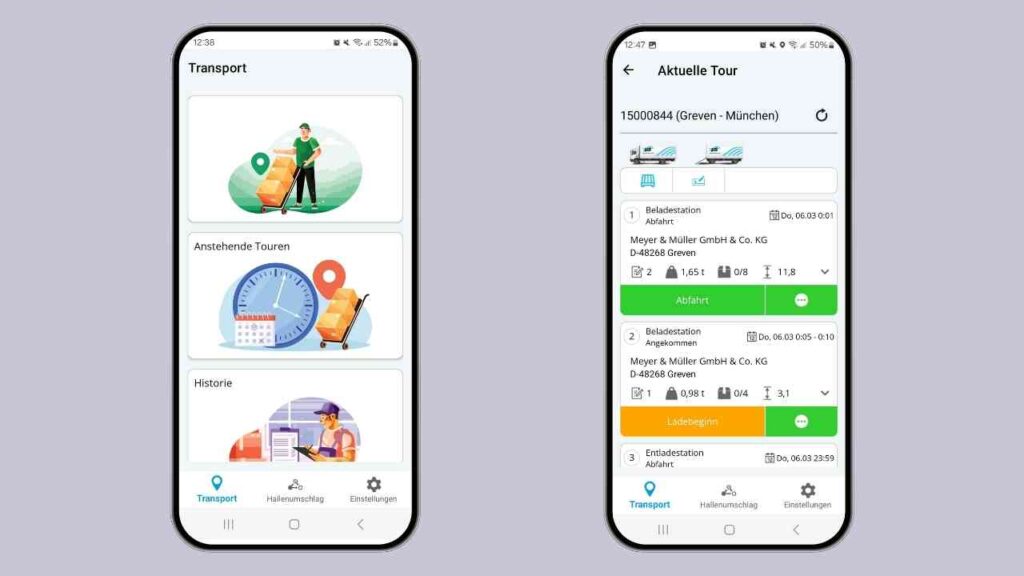 Transportmanagement-App mit Benutzeroberfläche, die aktuelle Touren und Transportdetails anzeigt.