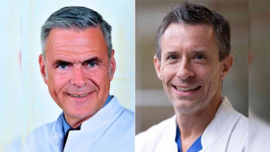 Porträt von zwei Ärzten in weißen Kitteln, einer mit grauen Haaren und der andere mit kurzen braunen Haaren.