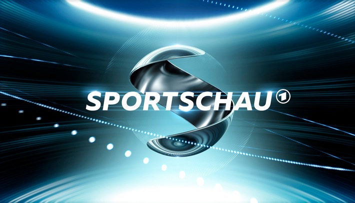 Logo von Sportschau mit dynamischem, futuristischem Hintergrund in Blau und Silber.