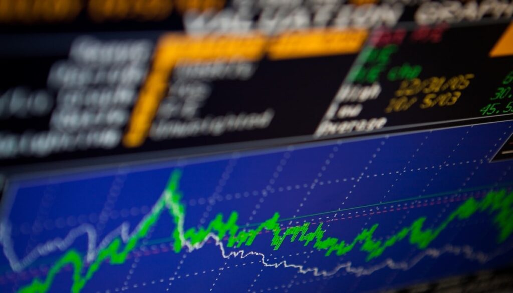 Diagramm mit Aktienkursen und Preistrends auf einem Finanzmonitor, dargestellt in grünen und weißen Linien.